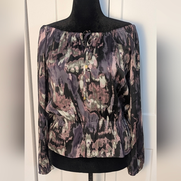 MICHAEL KORS Chic Women's Off The Shoulder Peplum Top Abstract Watercolor Sz S - Picture 9 of 13